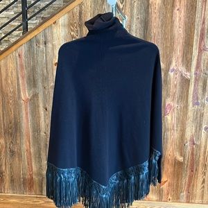 One size navy blue cashmere with leather fringe, Pancho